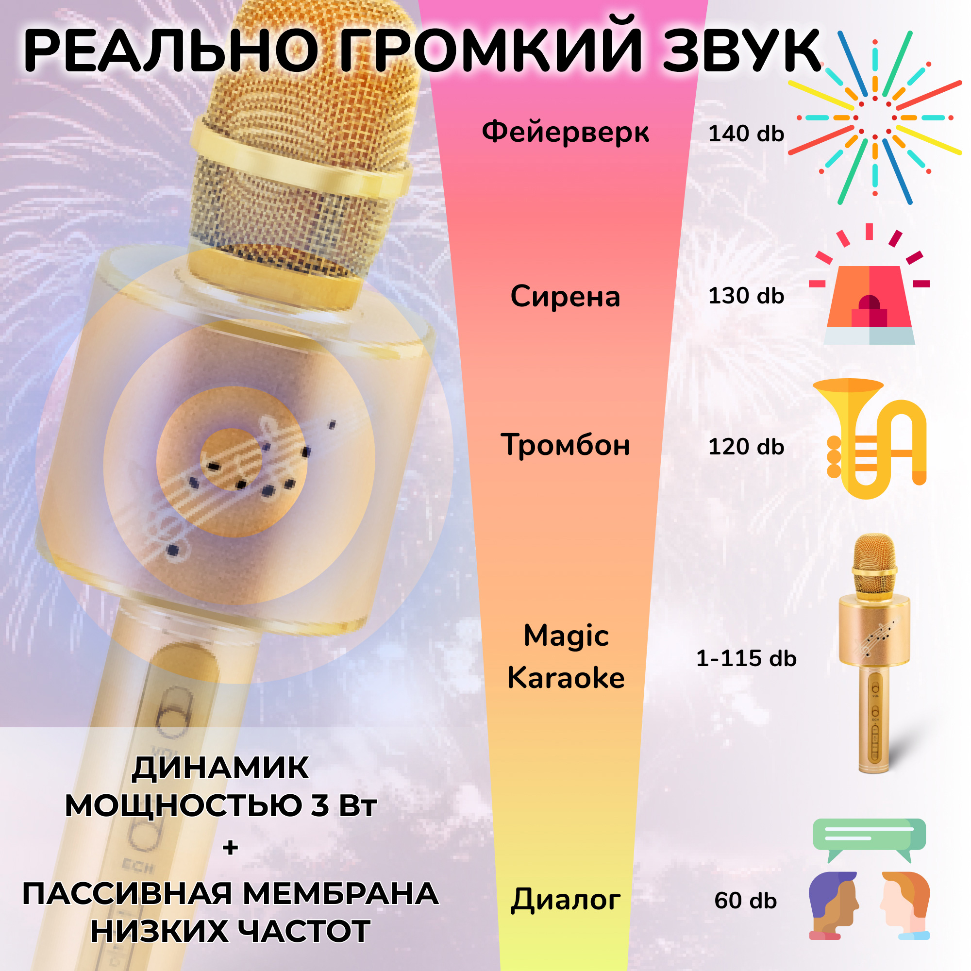 Караоке микрофон Bluetooth Magic Karaoke YS-66 колонка с подсветкой Золотистый - фото 6