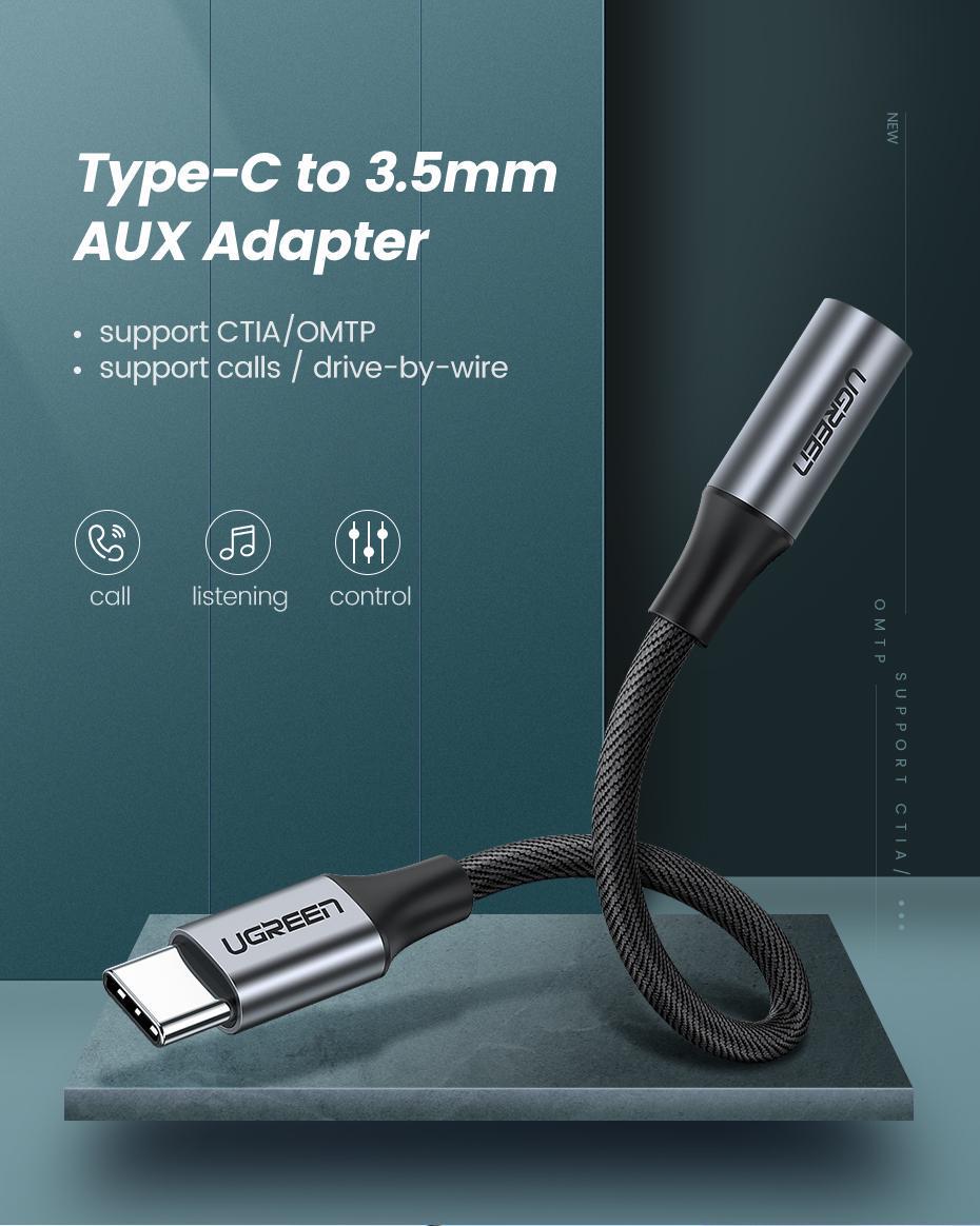 Переходник для наушников UGREEN Type-C-3.5 мм minijack Аудио AUX на USB-C 0,12 м Черный (30632) - фото 2