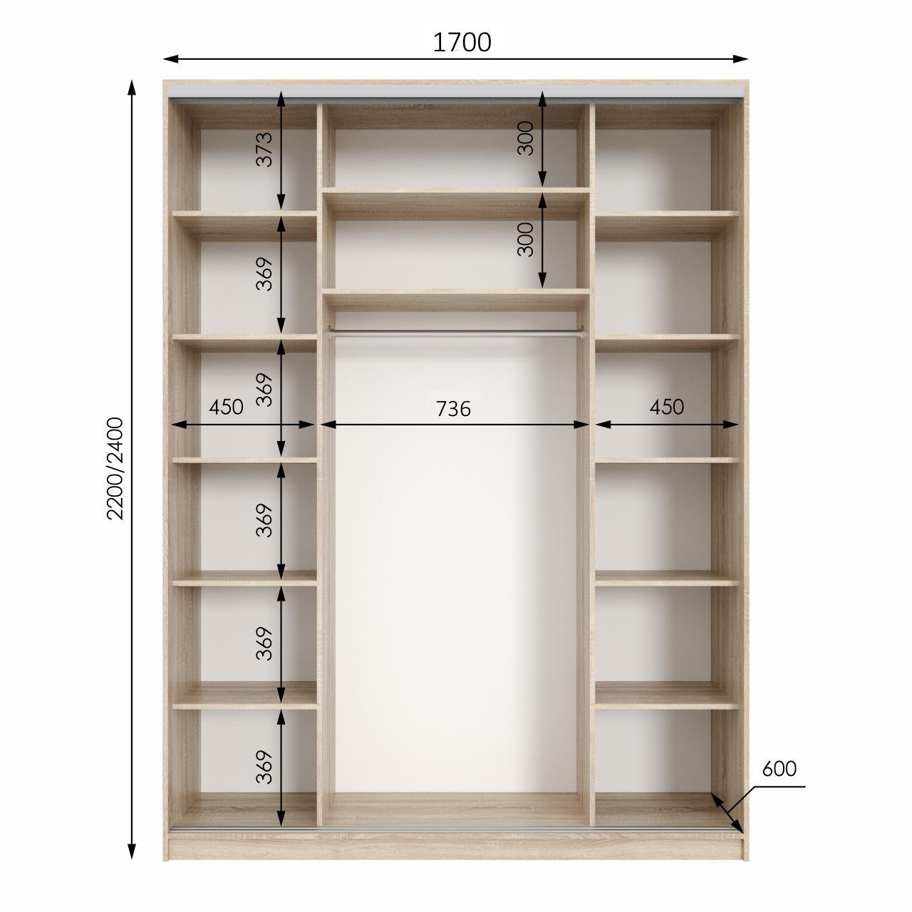 Шкаф-купе Viant Neo_ligth_Kombo ДСП+ДСП 1700х450x2400 мм Дуб крафт белый - фото 2