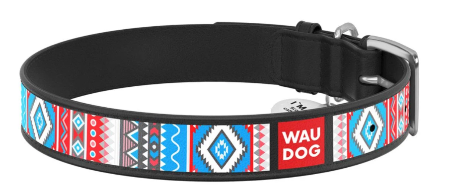 Ошейник для собак кожаный WAUDOG Design с QR паспортом Этно ХL 35 мм 46-59 см Черный (Collar37771)