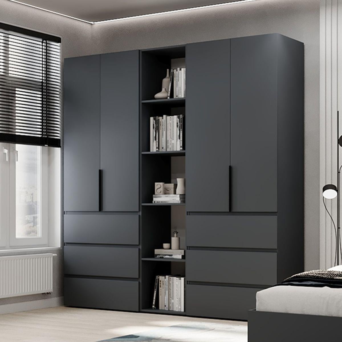 Шкаф распашный AiH Light №6 4-дверный с полками/ящиками и штангой для одежды 200x220x50 см Графит (LTK067000000)