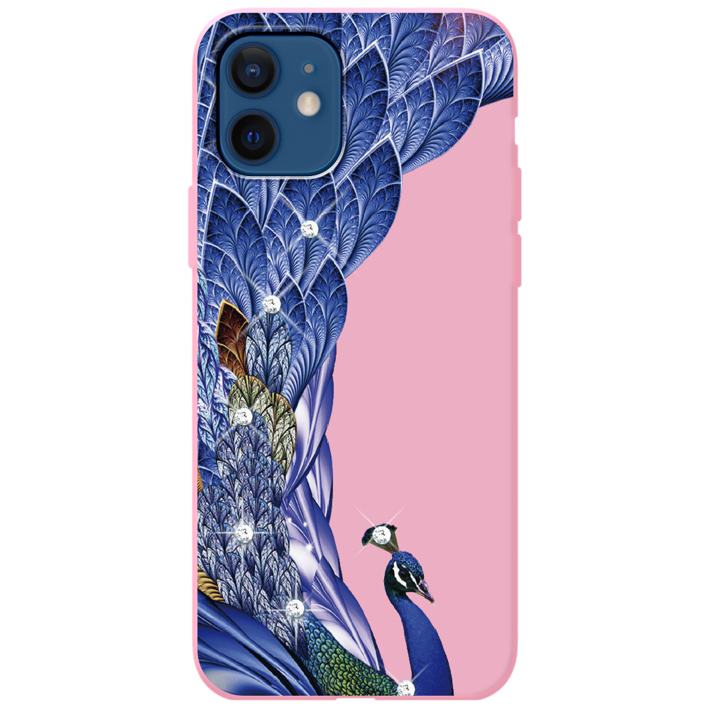 Чехол BoxFace iPhone 12 Павлин со стразами Розовый силикон (41161-rs7-43059)