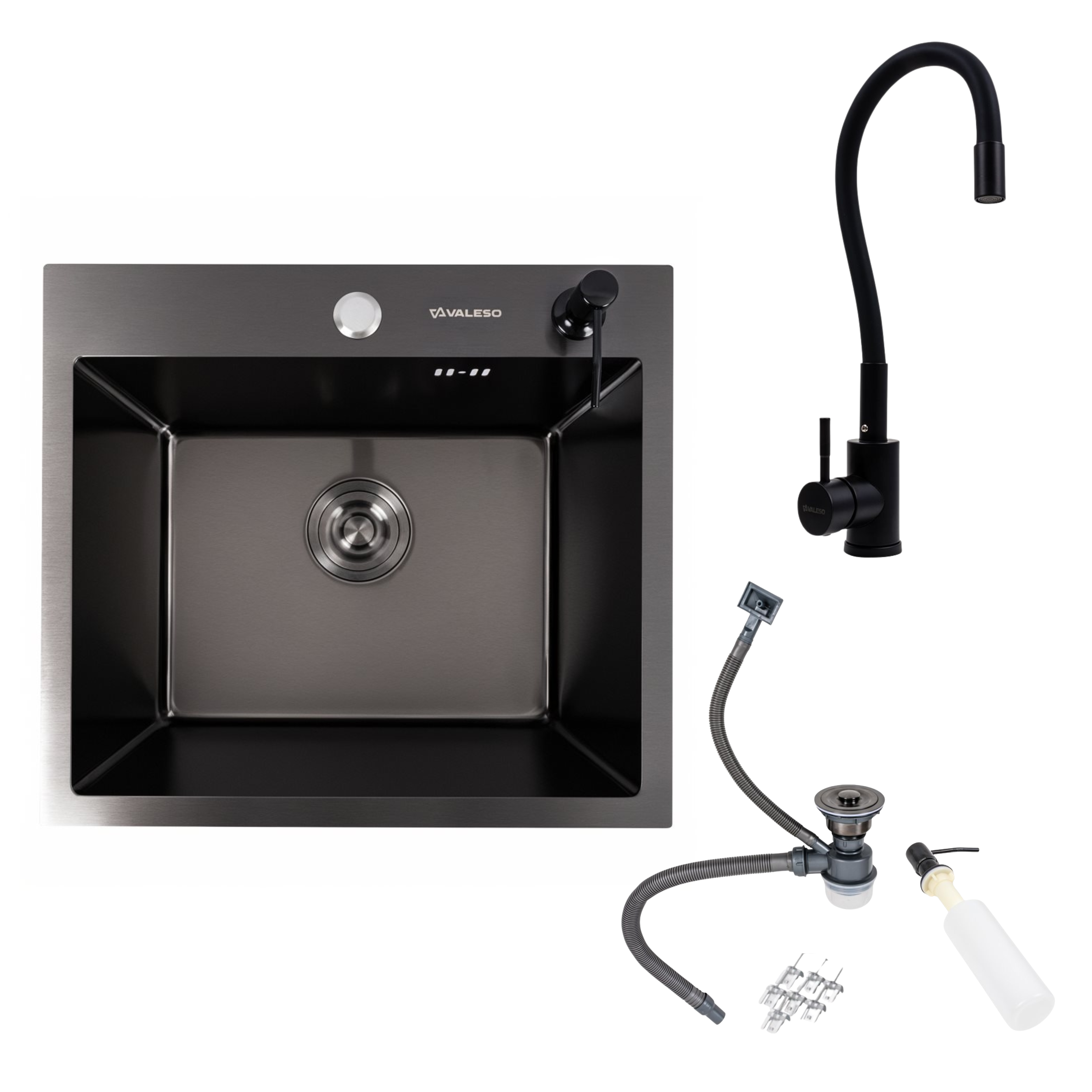 Комплект мойка кухонная Valeso Handmade 50х45 PVD Черный и смеситель NES-ZZ45