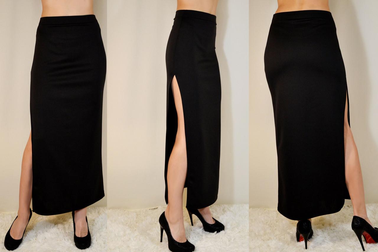 Женская юбка по щиколотку длинная трикотажная с разрезом справа по шву однотонная р. 38 Черный (1577347380) - фото 4