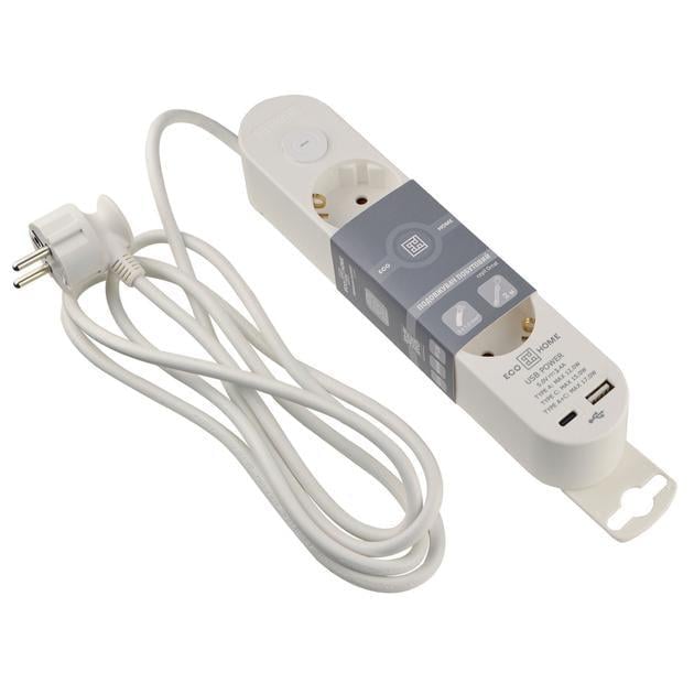 Подовжувач тримісний АСКО-УКРЕМ Ornat побутовий з з/к USB Type-C 2 м Білий (ECO019001001)