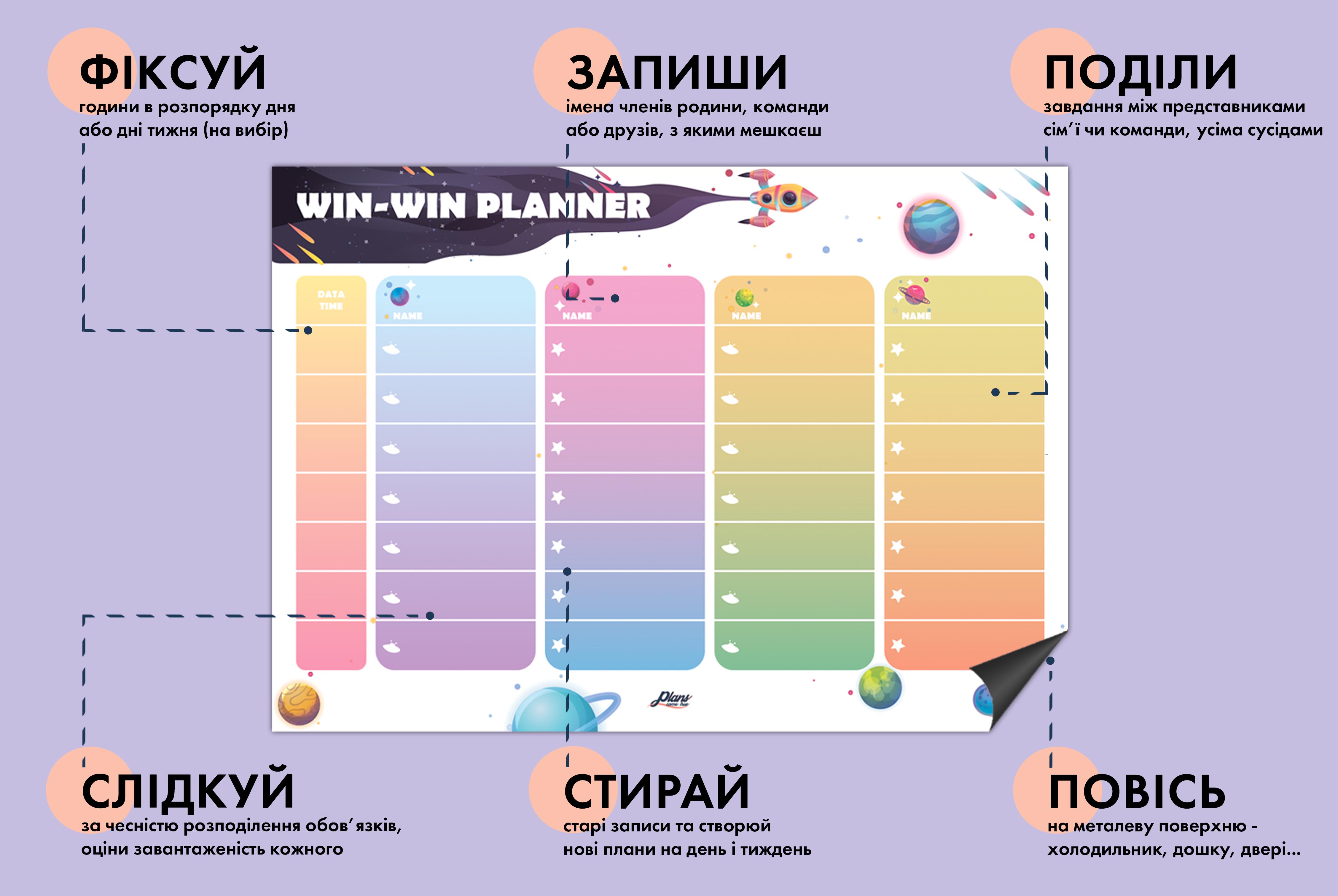 Магнитный планер на неделю Plans Come True ENG Win-Win Planner для семейного и командного планирования А3 42х30 см Фиолетовый (PCT020) - фото 7