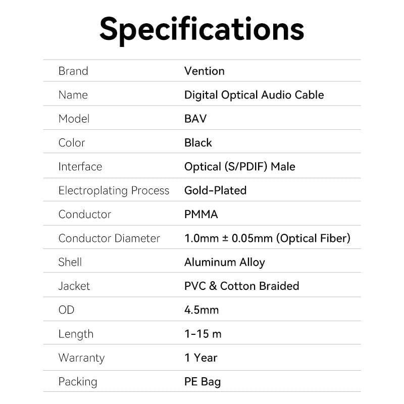 Кабель оптичний Vention Toslink SPDIF Аудіо нейлонове обплетення 2 м Чорний (BAVHH) - фото 9