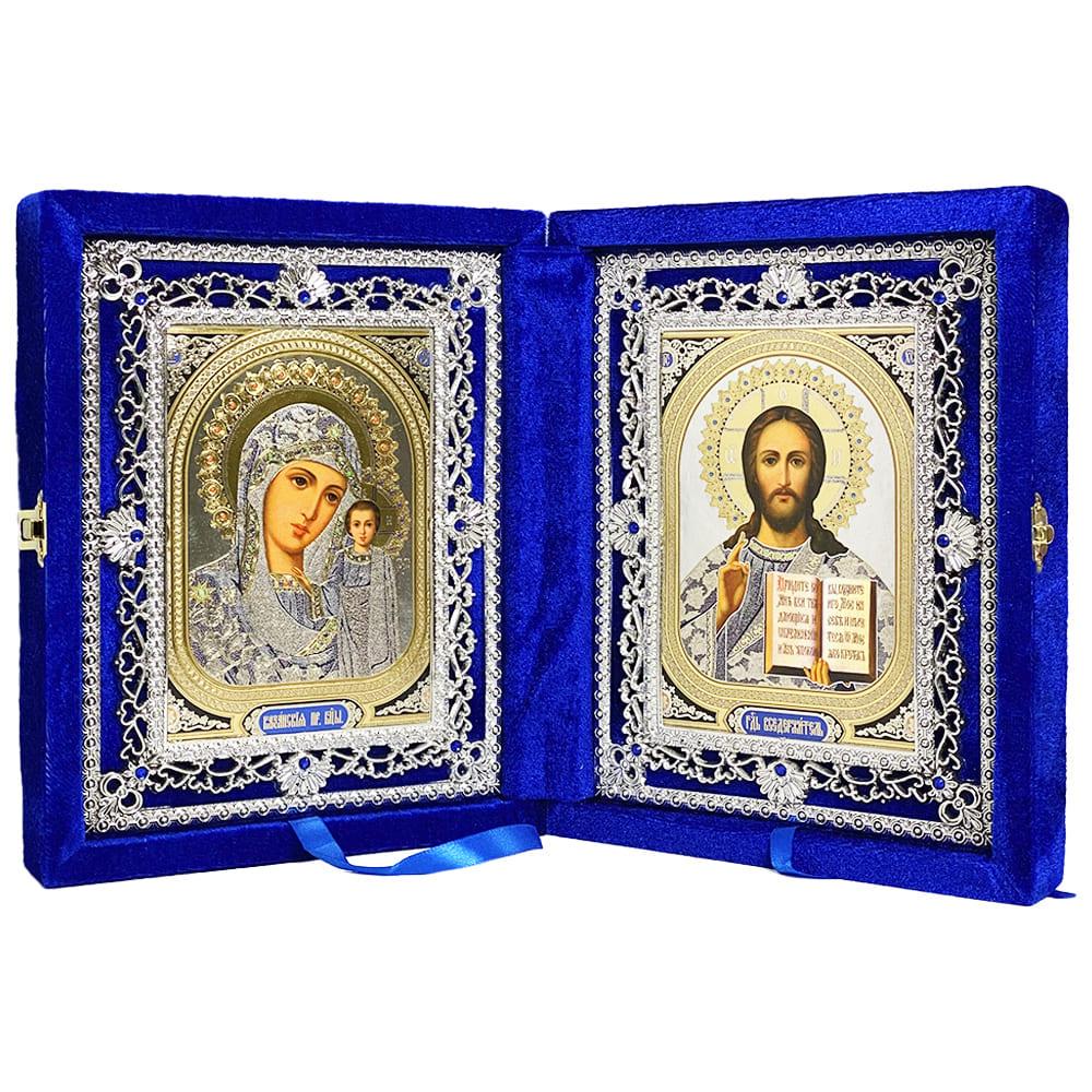 Икона Богородица и Иисус Христос ажурные в бархате Синий (Б35В-Х/С)