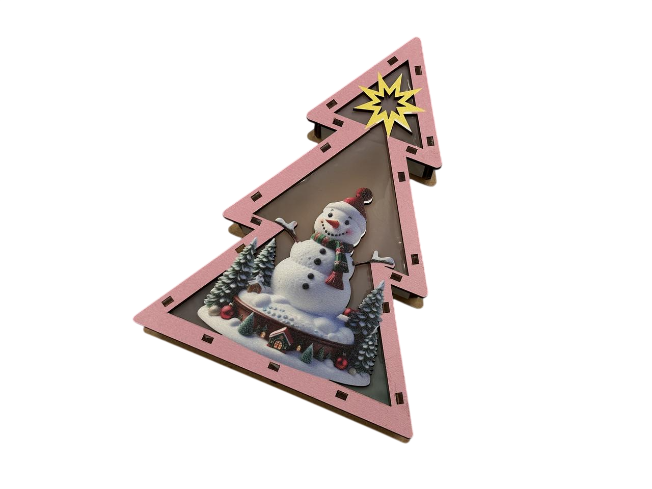 Игрушка елочная новогодняя Елочка со снеговиком с подсветкой из фанеры 203х150х31 мм Разноцветный (NR-140)