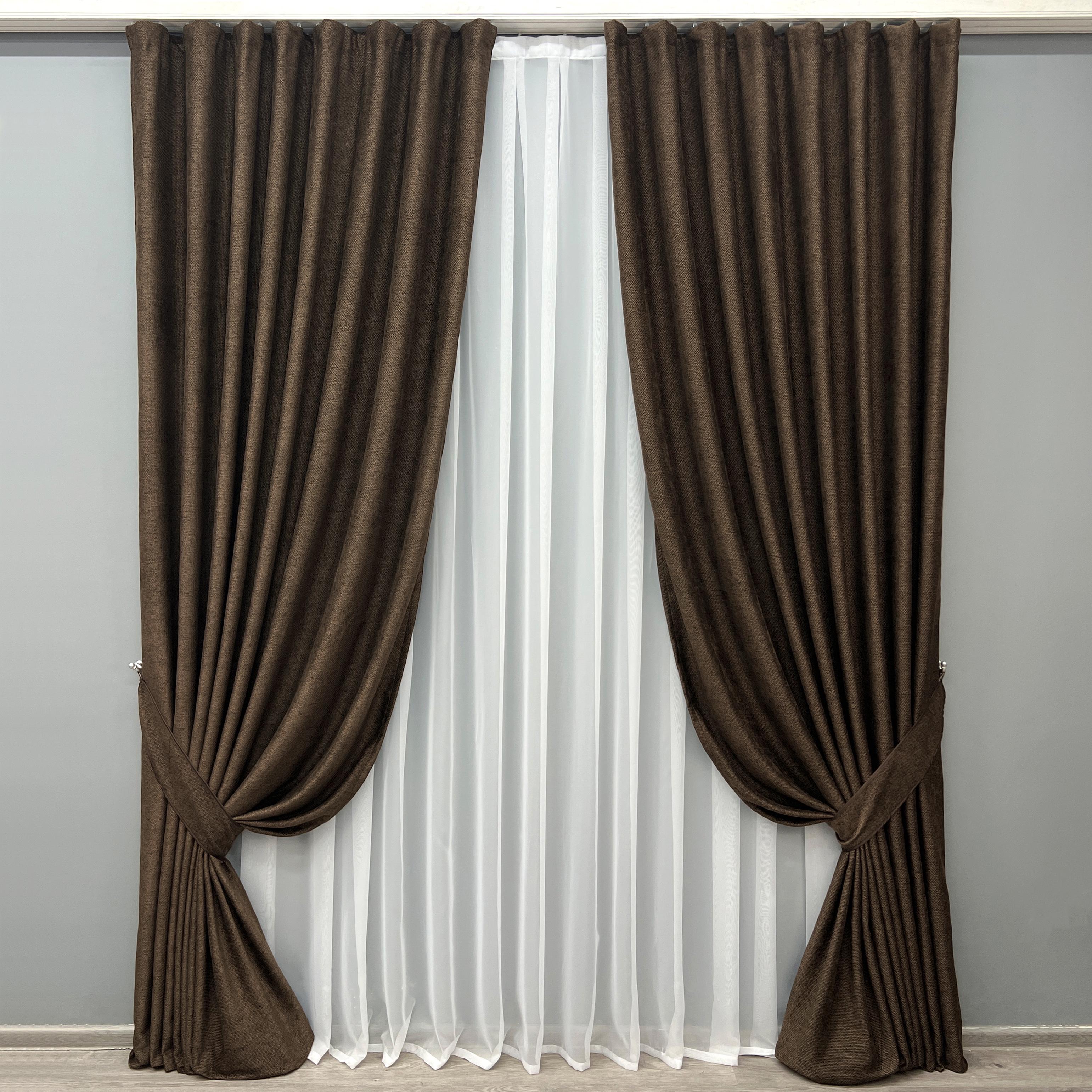 Комплект готовых штор VR-Textil Grand Linen № 2026ш фактурный лен премиум 150х300 см 2 шт. Коричневый (33-1025)