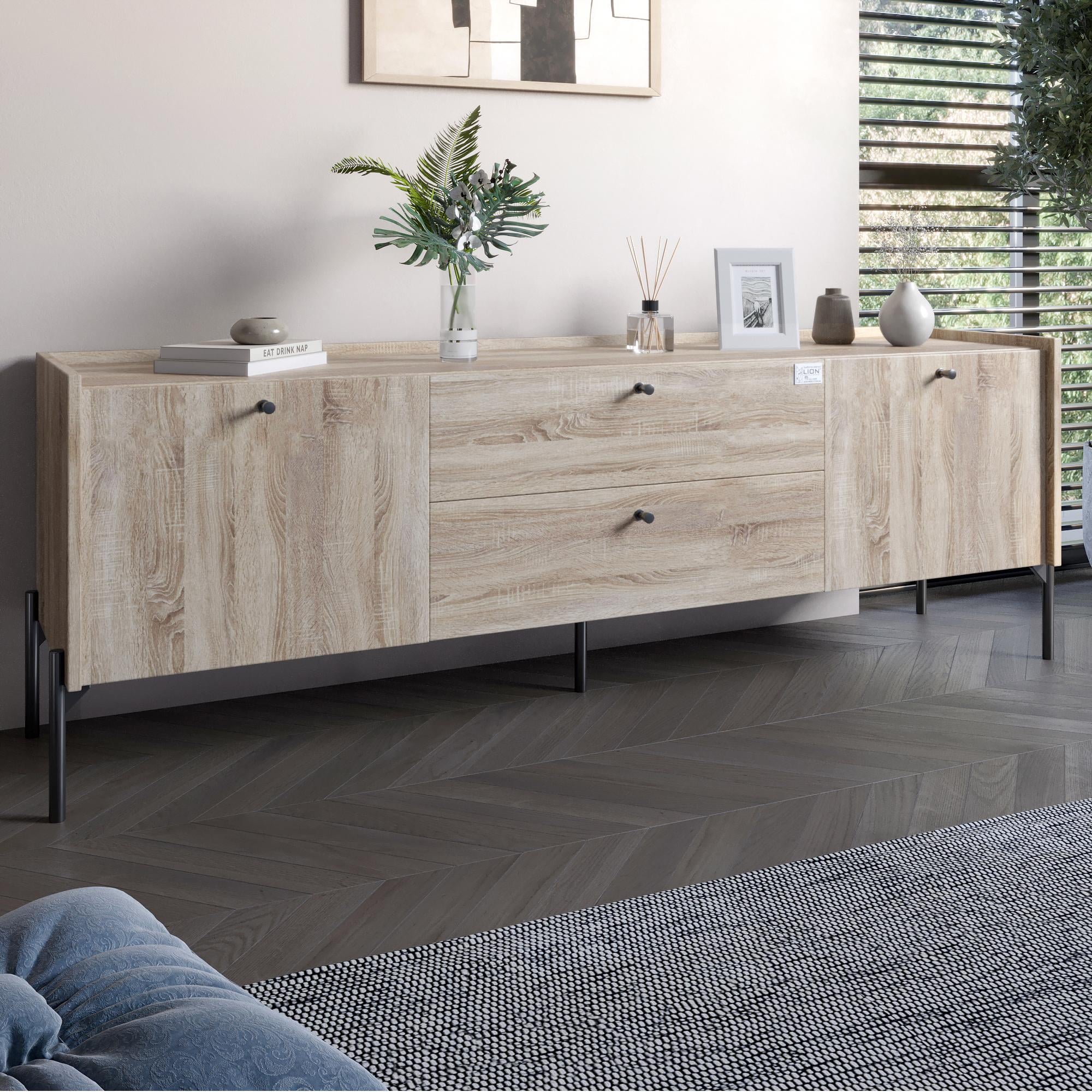 Тумба под телевизор с ящиками Lion Wood с черными ножками 180х50х40 см Дуб Сонома (000-000-2426)