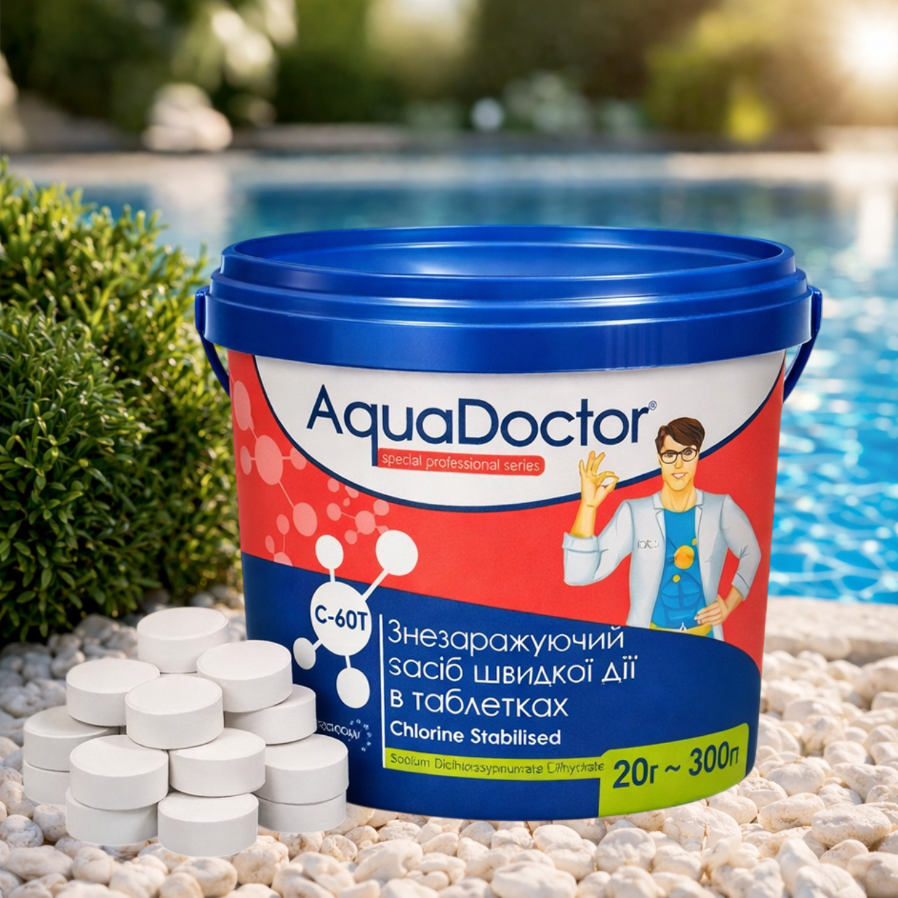 Шок-хлор быстрорастворимый Aquadoctor С60Т для дезинфекции воды в таблетках 20 г