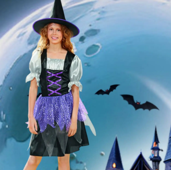 Костюм для Хэллоуина для девочки Ведьма с шляпой S Разноцветный (146290) - фото 4 Костюм для Хэллоуина для девочки Ведьма с шляпой S Разноцветный (146290) - фото 4