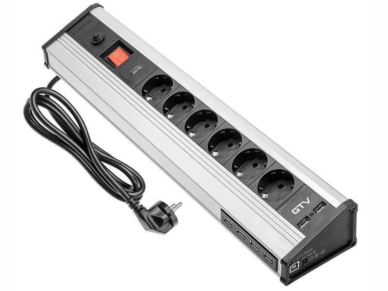Розеточный блок настольный GTV 6 розеток Schuko USB алюминий (5072)