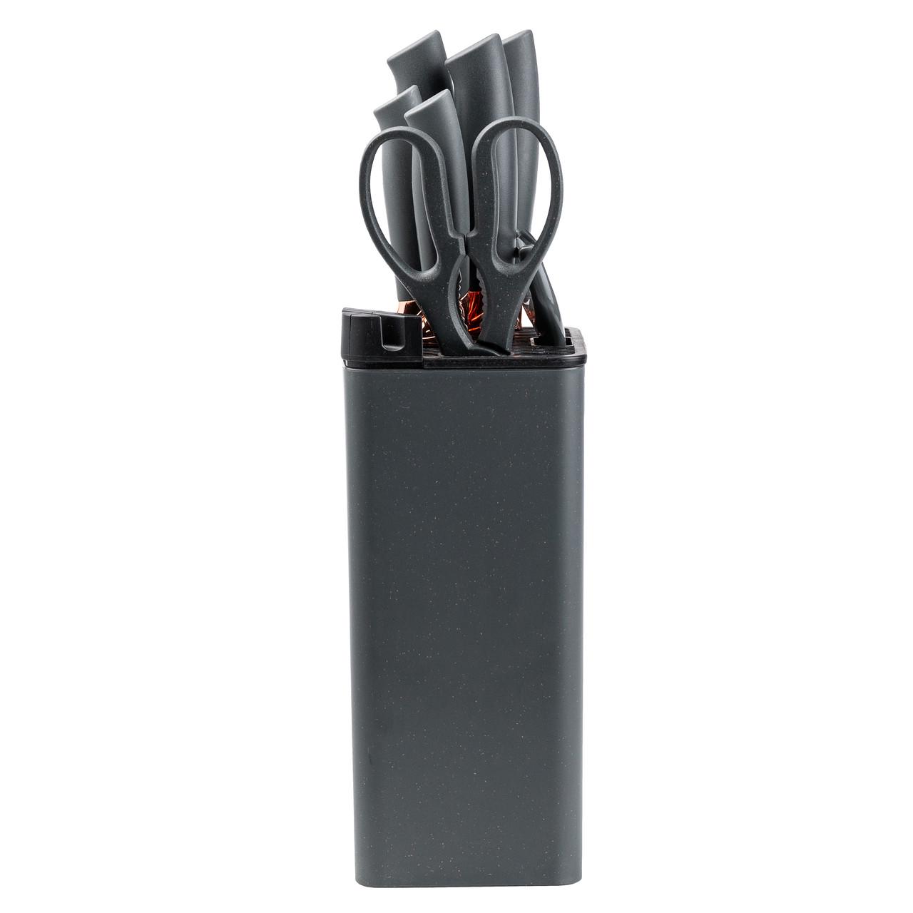 Набор кухонных ножей с ножницами и овощечисткой на подставке 5 штук Черный - фото 5