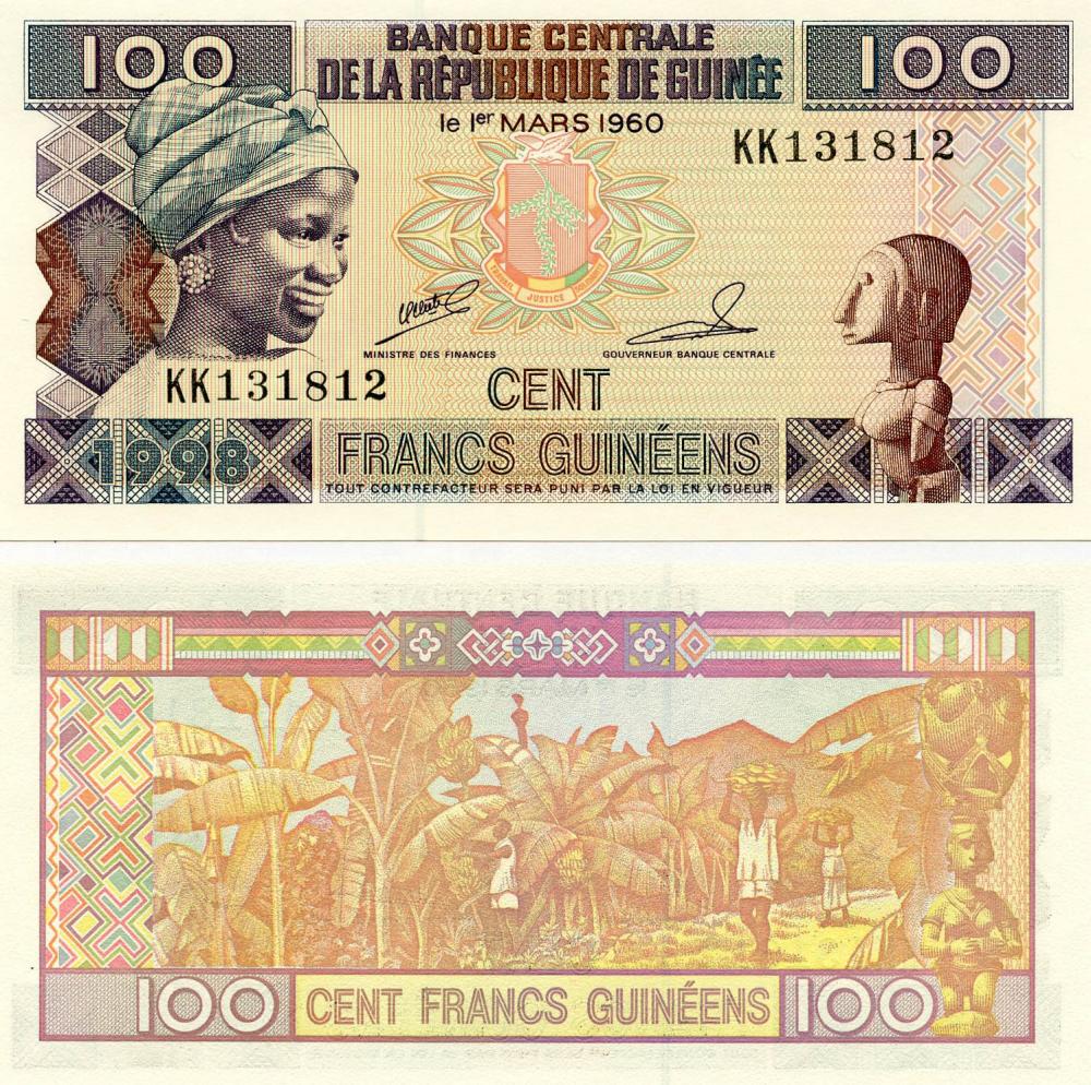 Коллекционная банкнота Гвинея 100 франков 1998 UNC P35a (Б11232)
