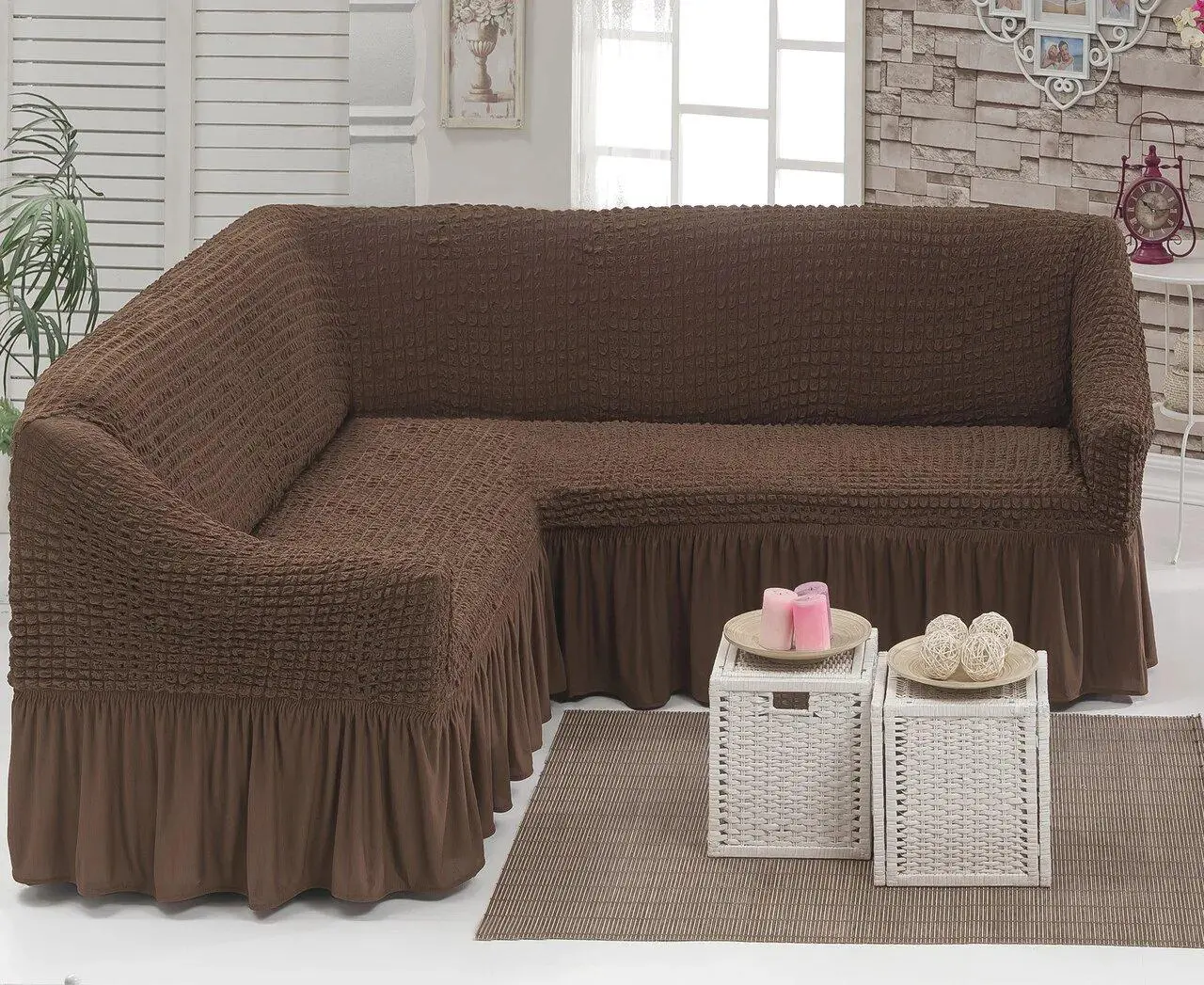 Чехол на угловой диван с оборкой из полиэстера 300х150 см Шоколадный (31870646)
