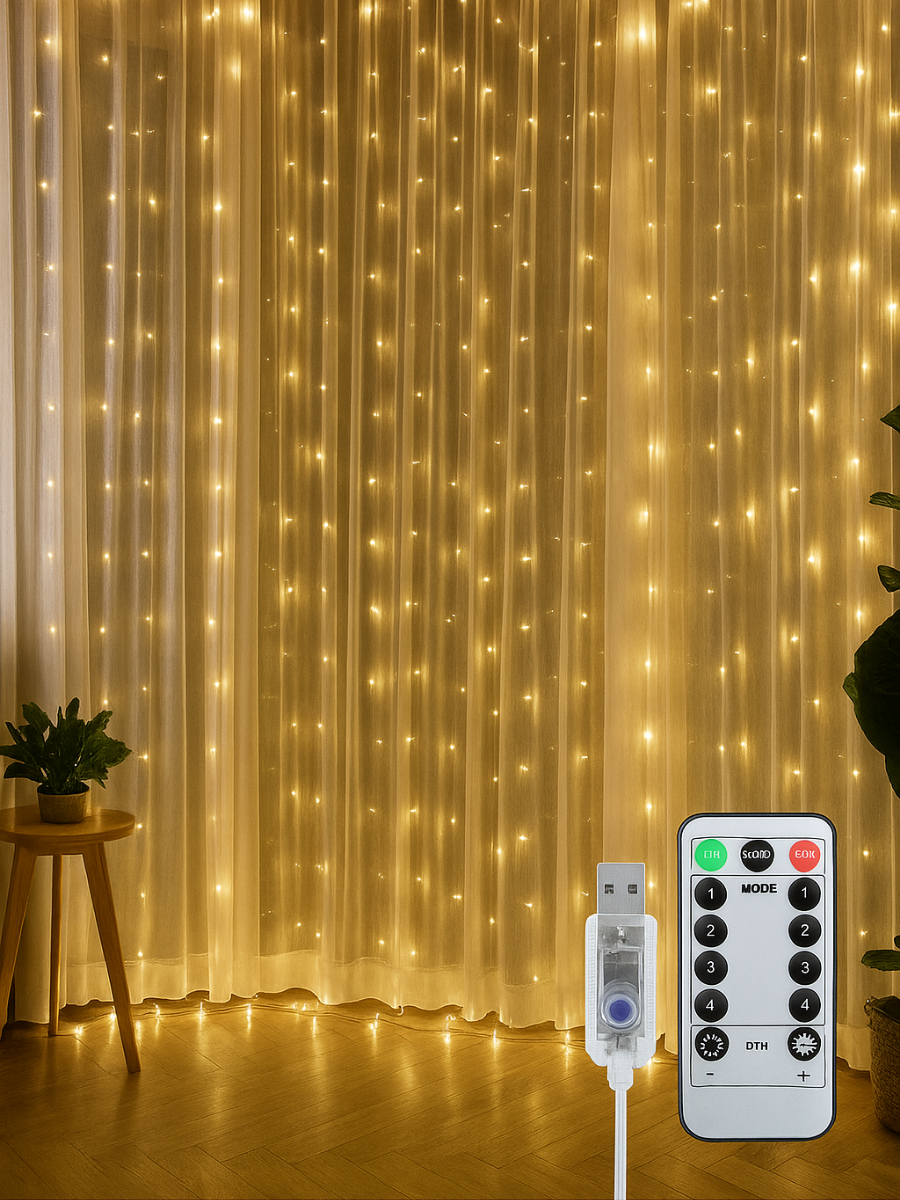 Гирлянда-штора светодиодная 3х3 м 480 LED USB и пульт Тепло-Белый (9889684576)
