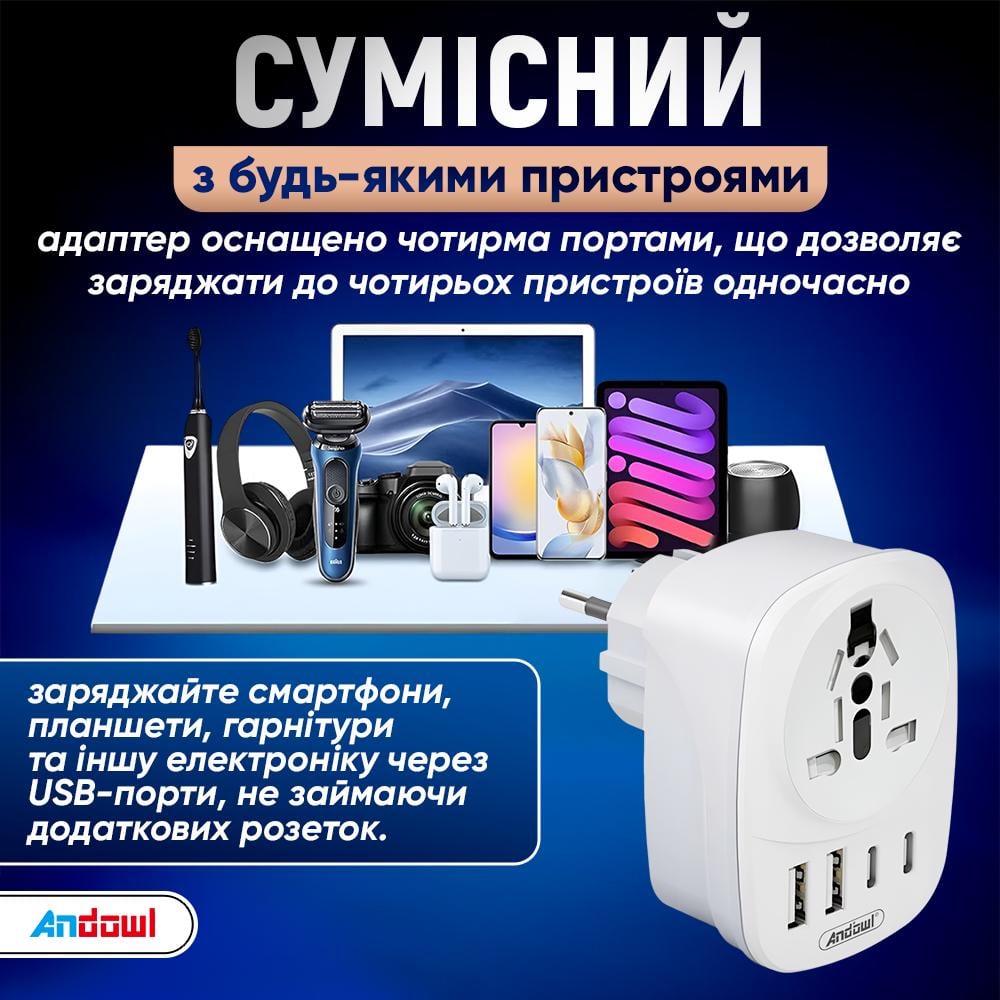 Сетевой переходник Andowl Q-A536X1 2500W между стандартами вилок типа A/C/I/E/F/G/B Белый (2637d5c3) - фото 6