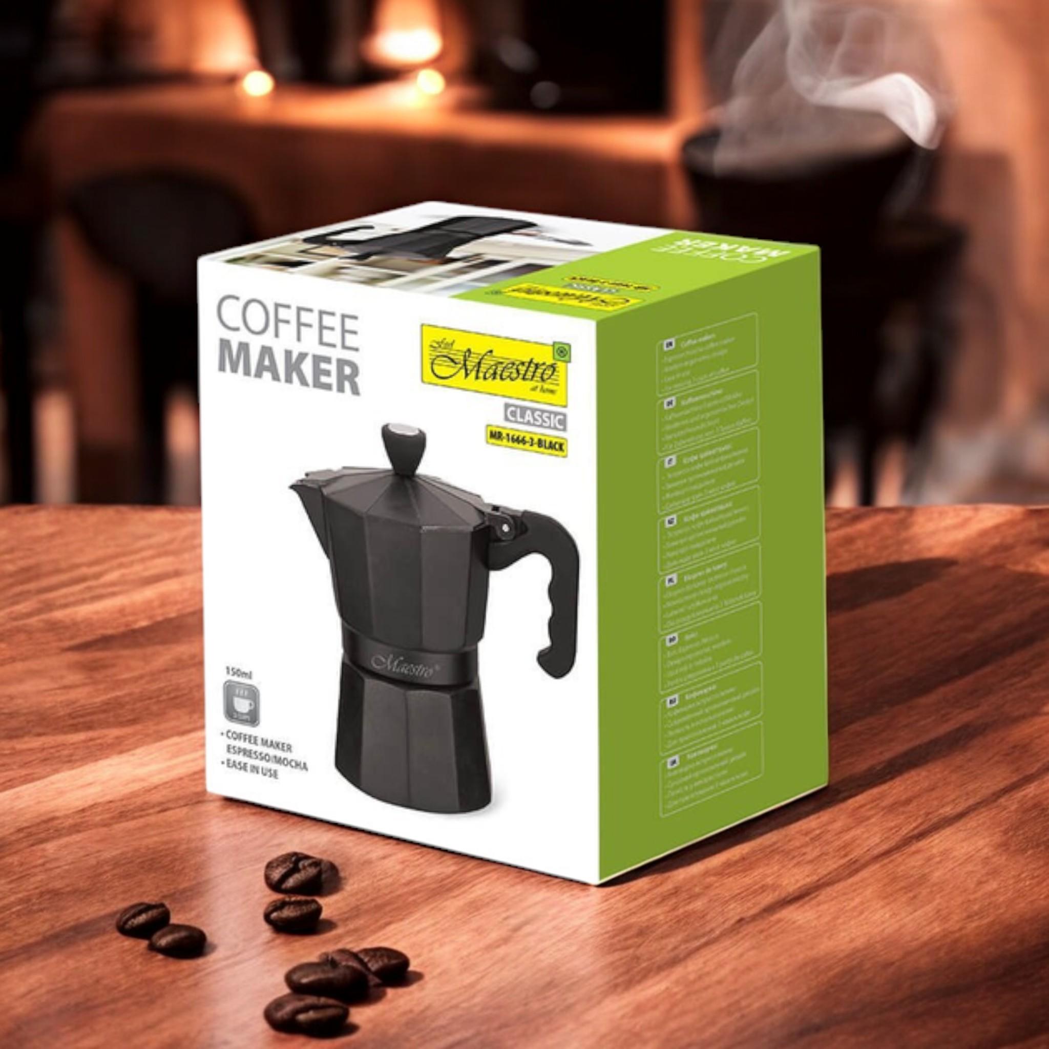 Кофеварка гейзерная Espresso Moka Maestro MR-1666-3 на 3 чашки алюминиевая 150 мл Black (G_MR1666/3Black) - фото 6 Кофеварка гейзерная Espresso Moka Maestro MR-1666-3 на 3 чашки алюминиевая 150 мл Black (G_MR1666/3Black) - фото 6