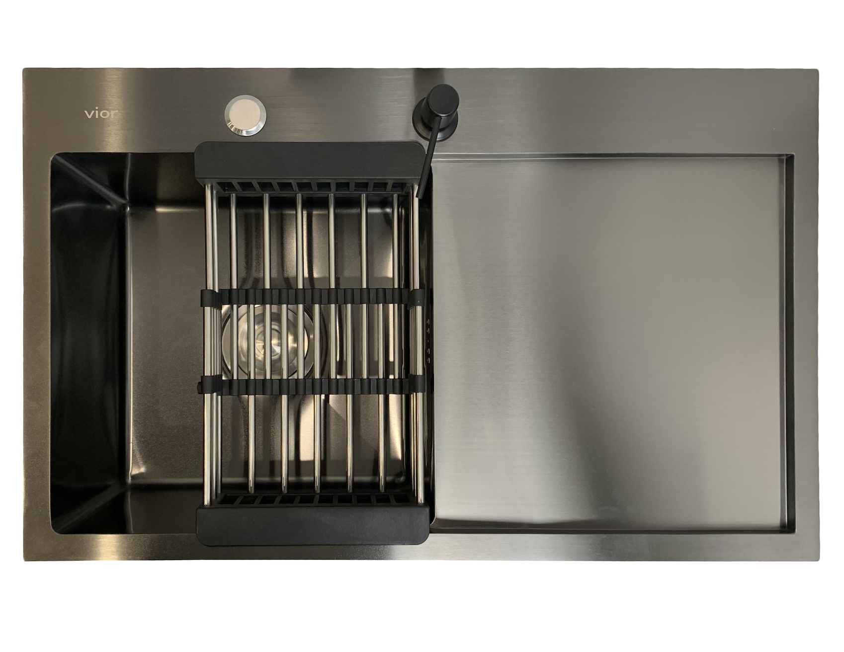 Мийка для кухні Vior Handmade 75x45 см чаша ліворуч з PVD поверхнею + кошик/дозатор Чорний (379edda6)