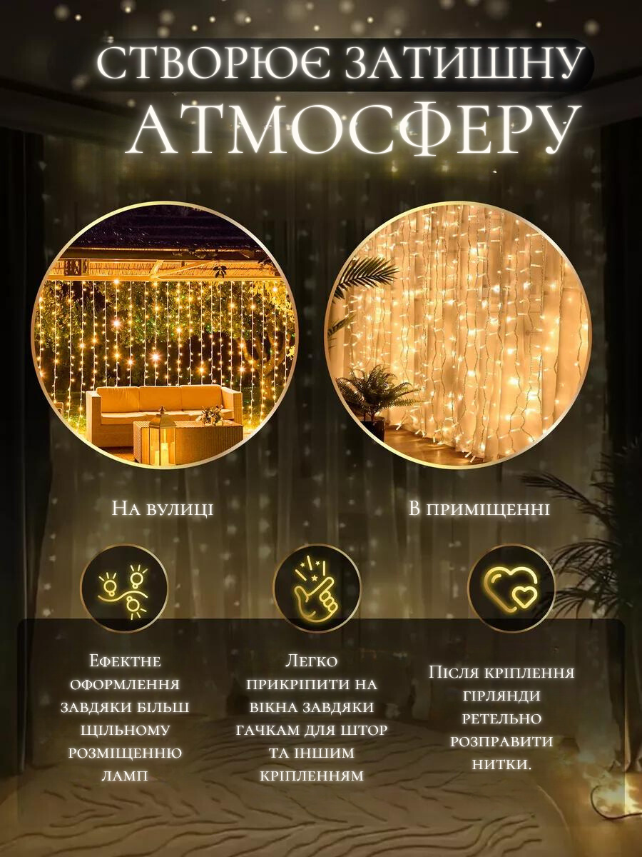 Штора-гірлянда на вікно новорічна світлодіодна Білий теплий (30307091) - фото 3 Штора-гірлянда на вікно новорічна світлодіодна Білий теплий (30307091) - фото 3