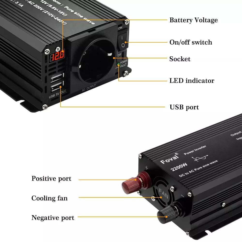 Инвертор Foval 2200W с 12 в 220 V чистая синусоида Черный - фото 4