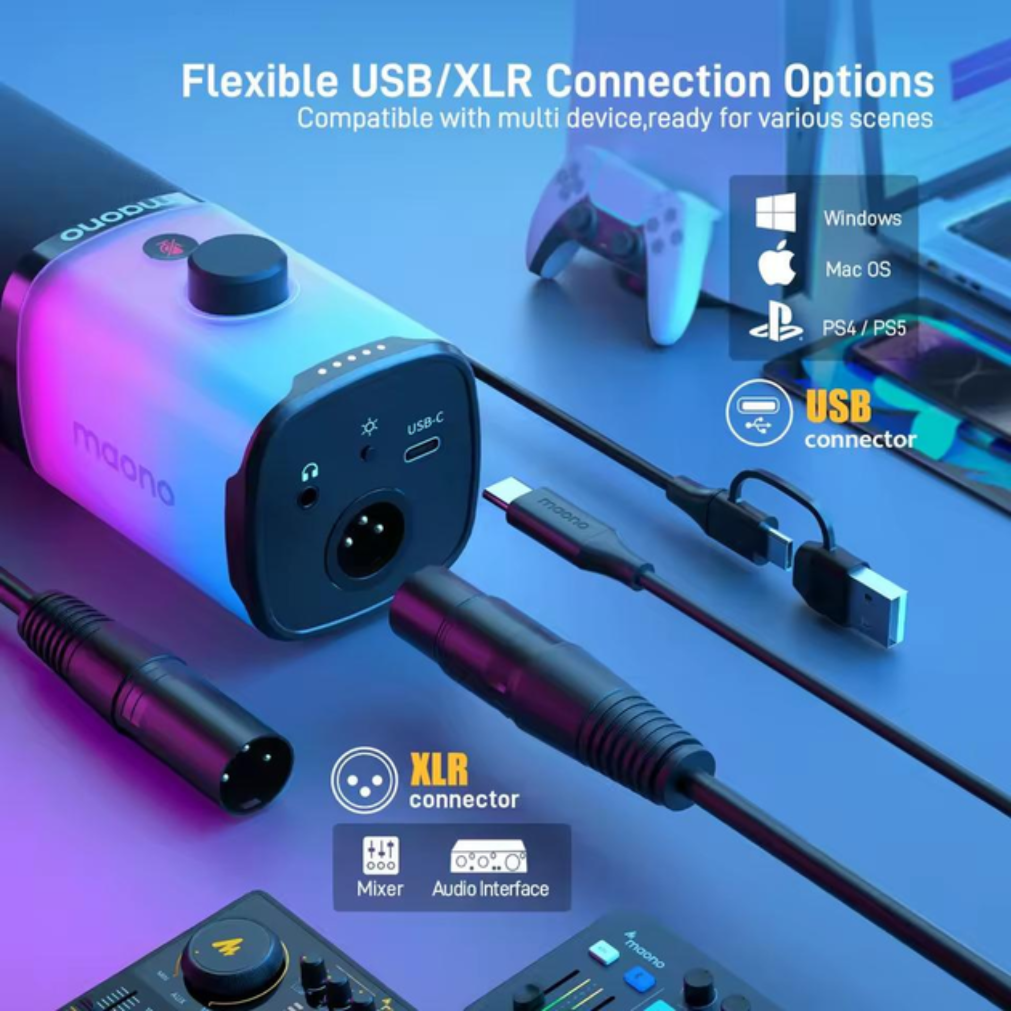 Микрофон динамический Maono PD100X RGB-подсветка Gaming USB/XLR Black (PD100X) - фото 6 Микрофон динамический Maono PD100X RGB-подсветка Gaming USB/XLR Black (PD100X) - фото 6