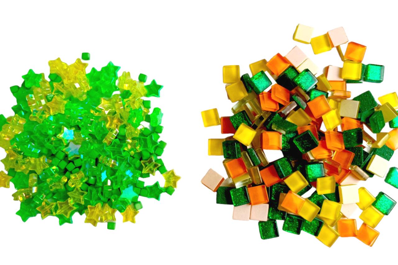 Набор кусочков мозаики стекло звездочка 4 мм 200 г 150-180 шт. Зеленый/Желтый/Оранжевый (6476)