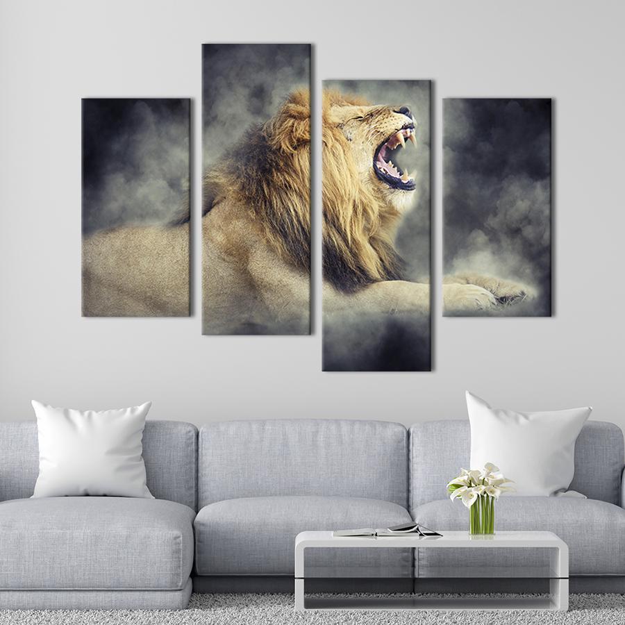 Модульная картина из четырех частей на холсте интерьерная картина Могучий лев в дымке тумана 129x90 см (163-42)
