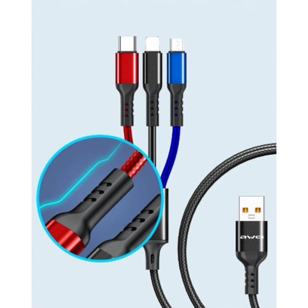 Кабель для заряджання телефонів Awei CL 971 3в1 USB to Type-C Lightning MicroUSB 2,4 A (601416) - фото 2