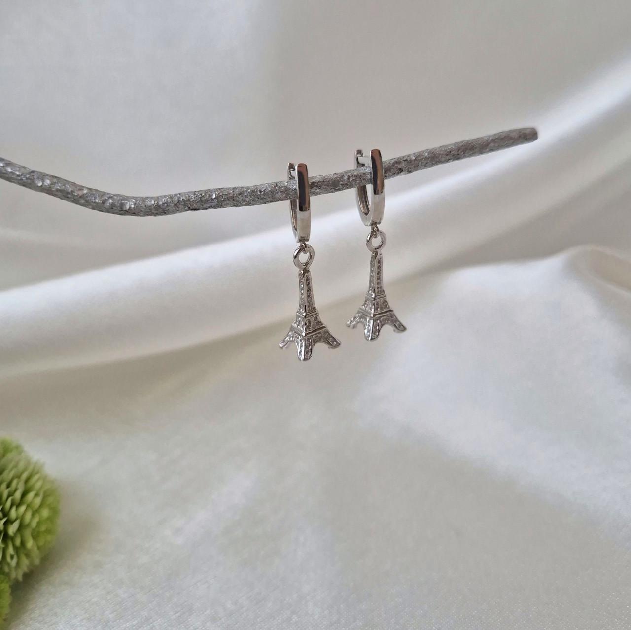 Сережки без каменів з підвіскою ейфелева вежа срібло 925 проби родоване 3,10 г (2172) - фото 2