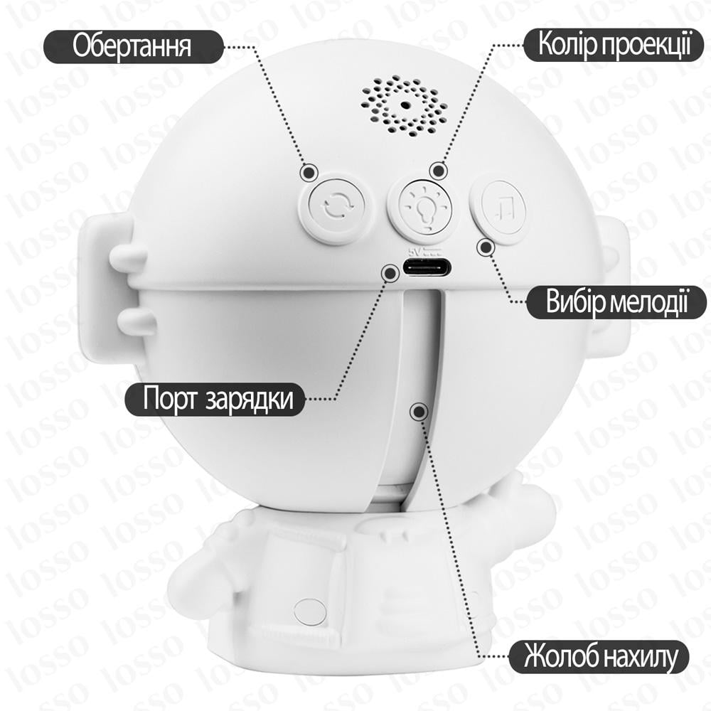 Ночник проектор Звездное небо LOSSO Космонавт Белый (362622195) - фото 2