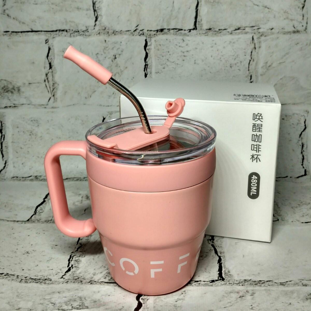 Термостакан с трубочкой Coffee&Tea термочашка для кофе 11,5х9х7 см 480 мл Розовый (H-BW-1234)