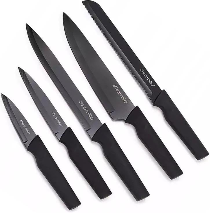 Набор кухонных ножей Kamille Acacia Black с подставкой-бревном 5 шт.
