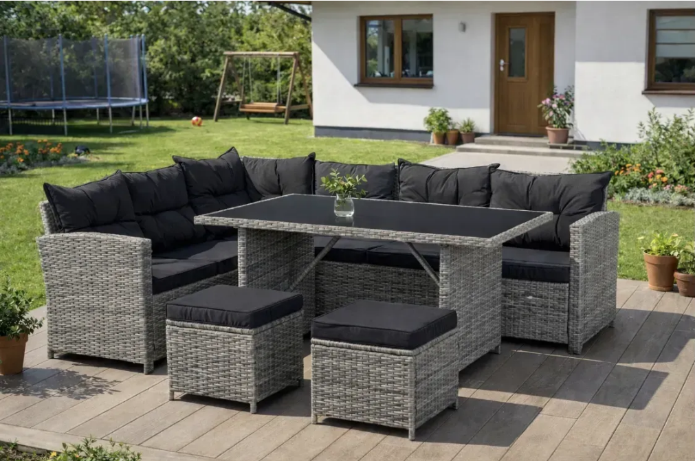 Комплект садових меблів Mebel Elite DALLAS з техноратану диван кутовий/2 пуфи/стіл Сірий/Чорний (ME.DALLAS/JP/RT/OGR/ZES)