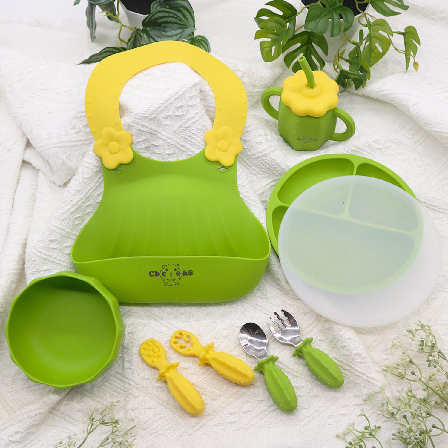 Набір дитячого посуду Кактус на присосках силіконовий Зелений (26571976)