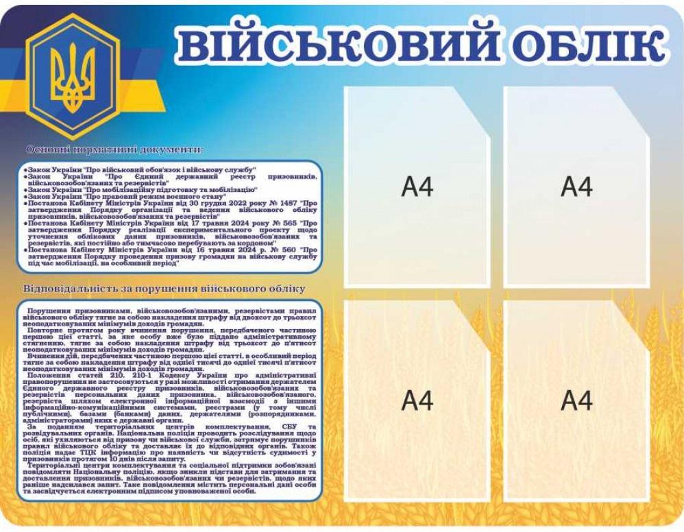 Стенд "Військовий облік" на 4 карманы A4 настенный (66488)