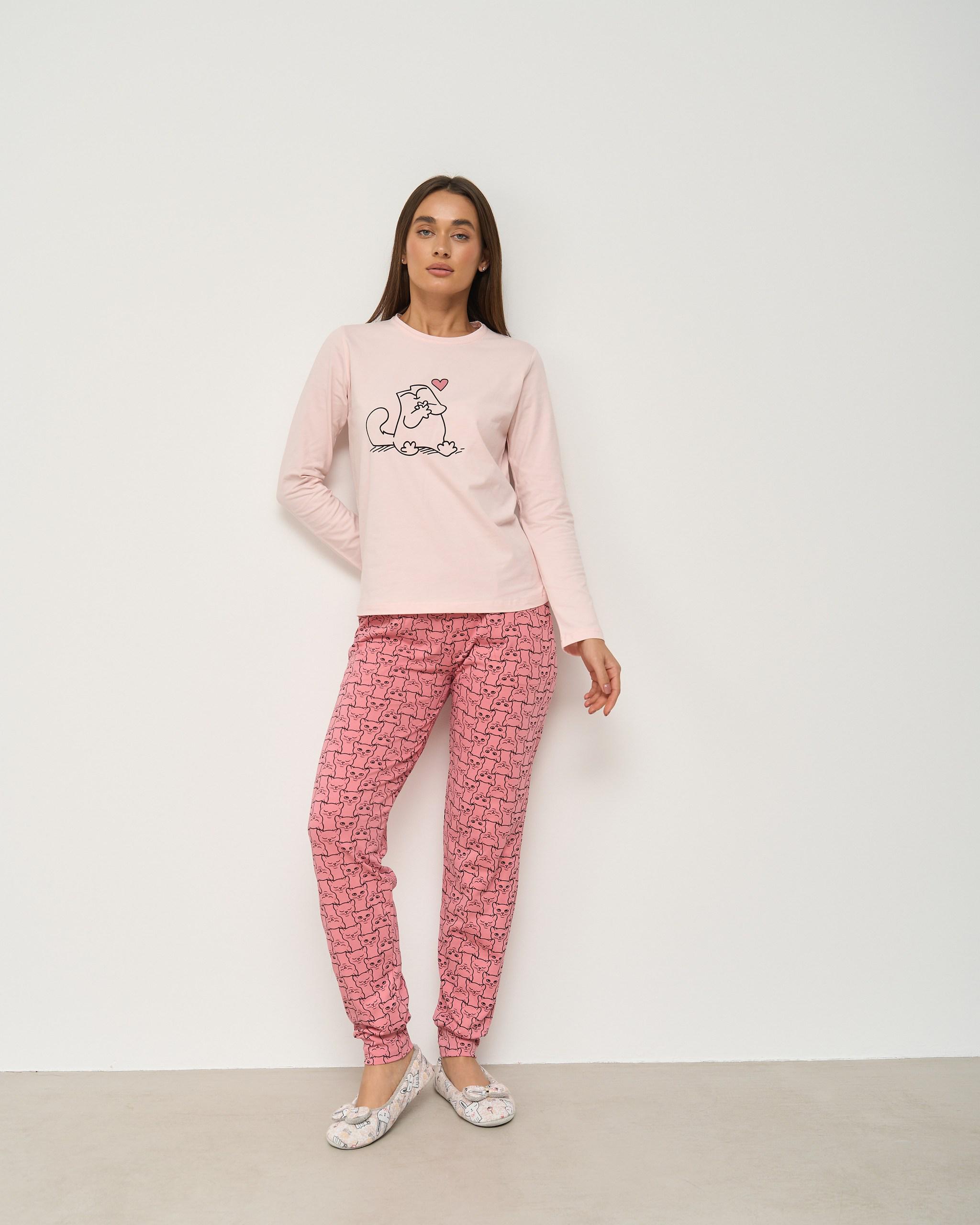 Пижама женская с брюками Family look Влюбленный кот S Светло-персиковый (96716)