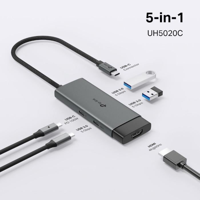 Концентратор TP-Link UH5020C 2xUSB 3.0 1xHDMI 1xUSB-C 3.0 1xUSB-C PD 100W Grey (30651623) - фото 4 Концентратор TP-Link UH5020C 2xUSB 3.0 1xHDMI 1xUSB-C 3.0 1xUSB-C PD 100W Grey (30651623) - фото 4