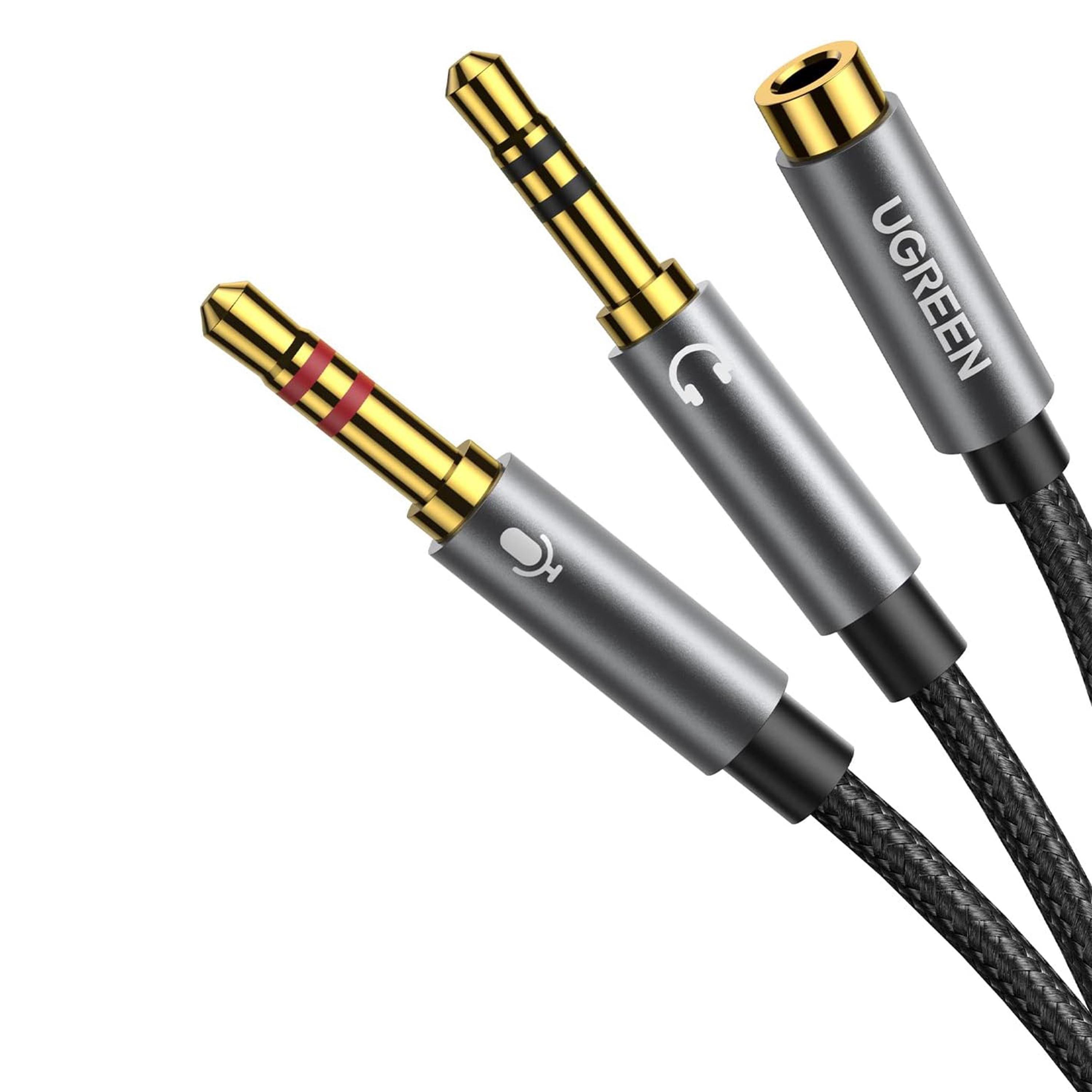 Переходник UGREEN 2х3.5 мм minijack-3.5 мм/minijack AUX 4-пиновая нейлоновая оплетка TRRS 0,2 м Черный (20899)