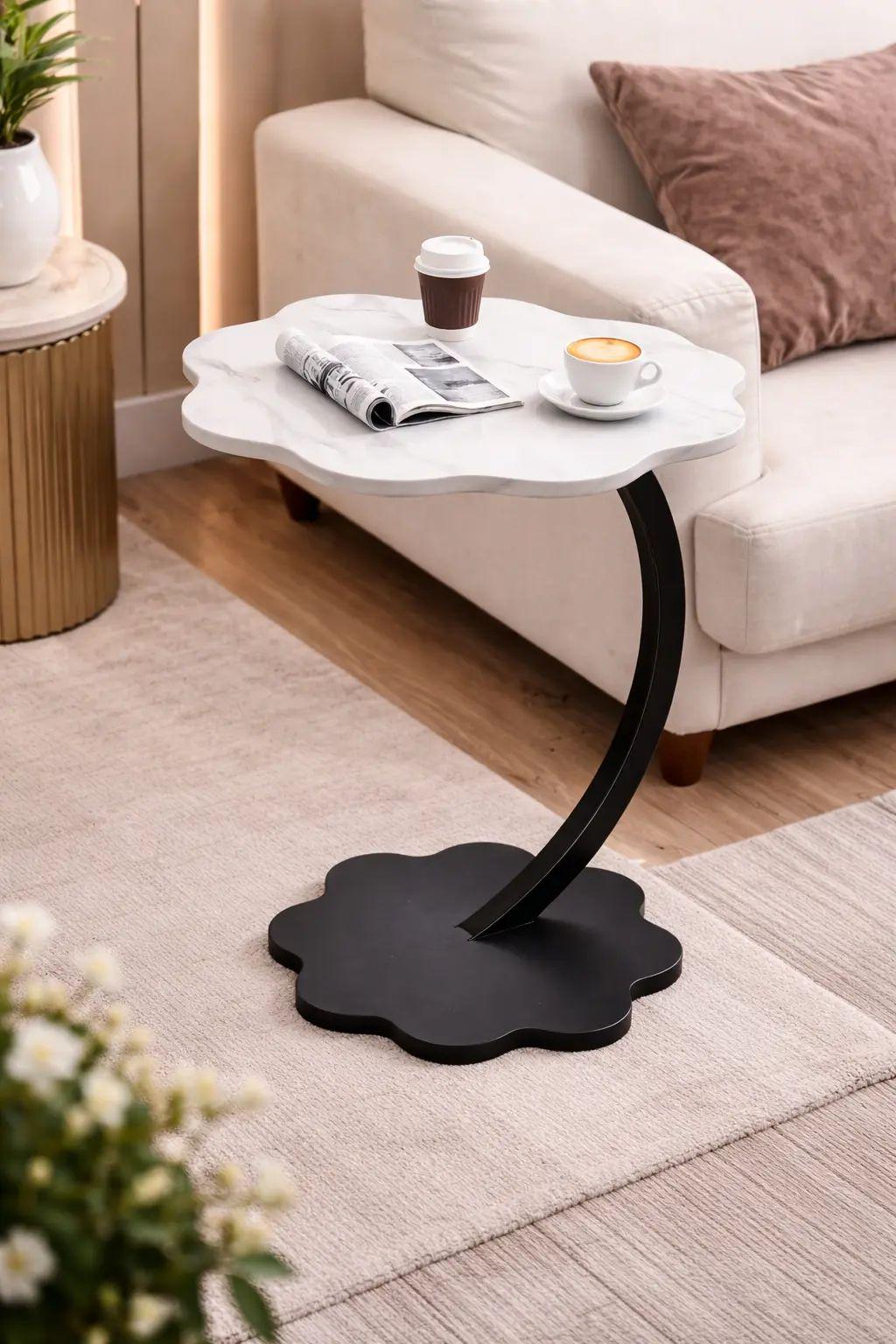 Столик кофейный прикроватный Flower мраморный 40х30х60 см Черно-белый (opt-106124)