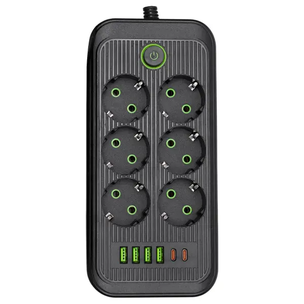 Фильтр-удлинитель сетевой Yiwu HP-5-54 5 м 6 розеток 4xUSB-A/2xType-C 2500 Вт Черный (147-107-HP-5-54)