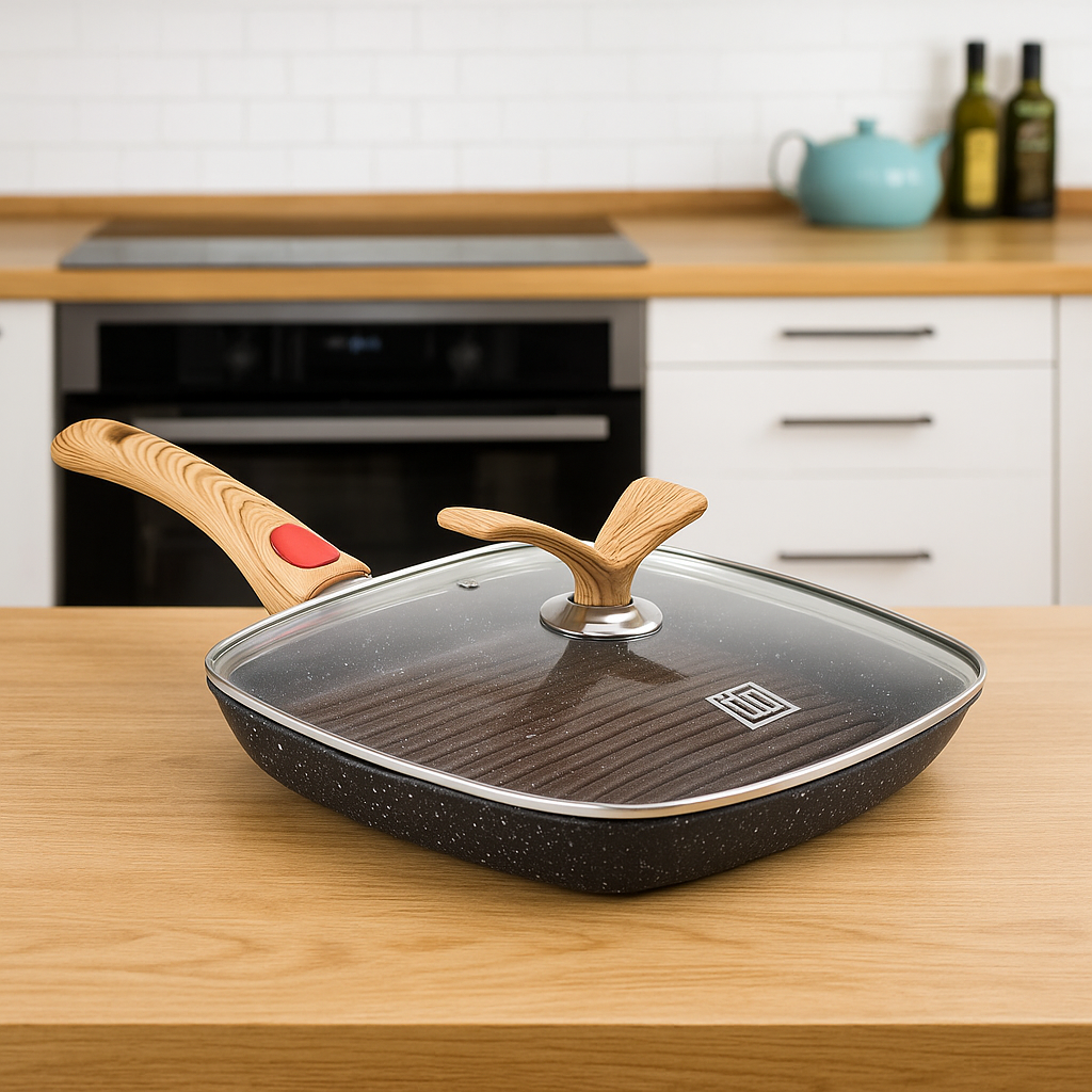 Сковорода гриль квадратна MGC з кришкою та знімною ручкою антипригарна алюмінієва 28×28 см - фото 9 Сковорода гриль квадратна MGC з кришкою та знімною ручкою антипригарна алюмінієва 28×28 см - фото 9