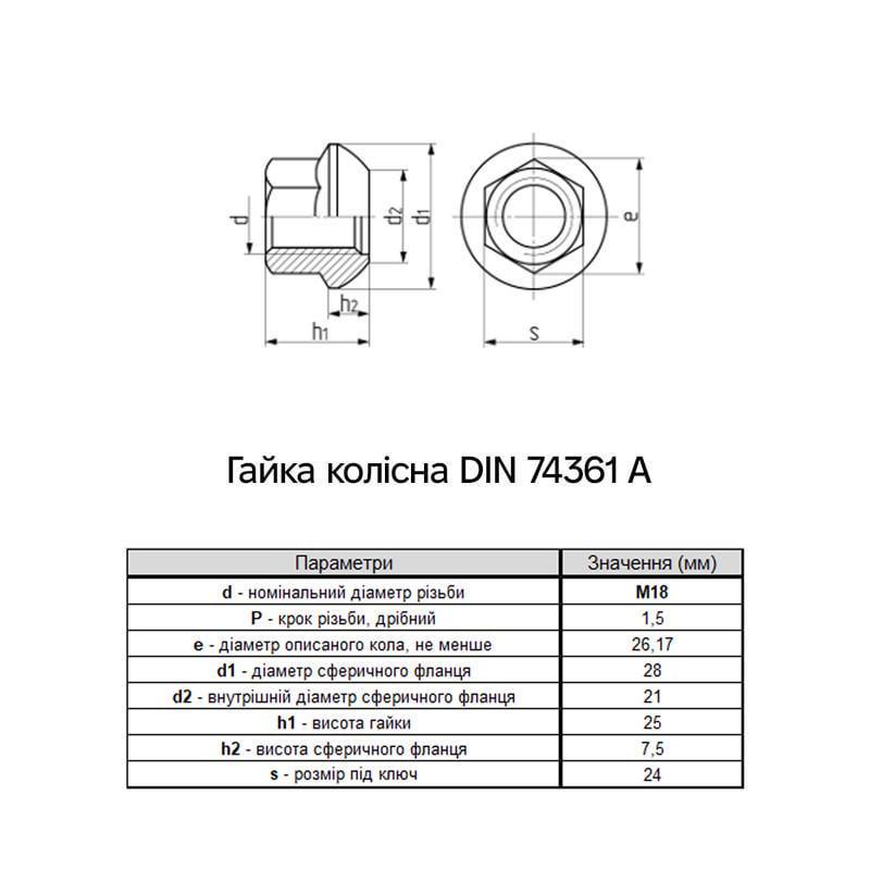 Гайка колесная Metalvis М18 DIN74361A сталь 8 шаг 1,5 под ключ 24 мм цинк белый 25 шт. (6V20000006XA181520) - фото 2