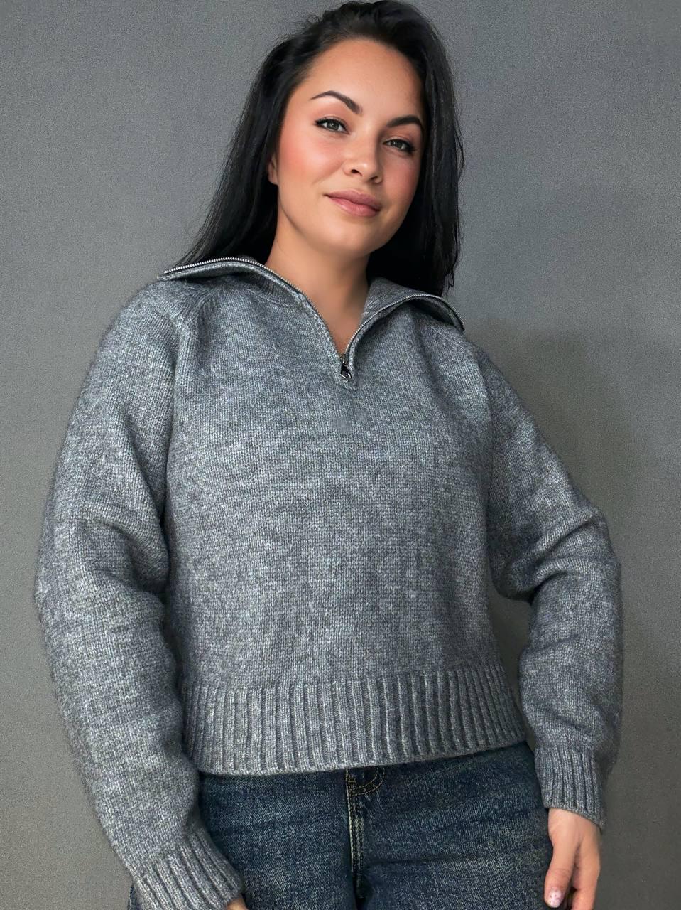 Светр жіночий A-N 1780 з коміром на блискавці OS Сірий (5969) - фото 1