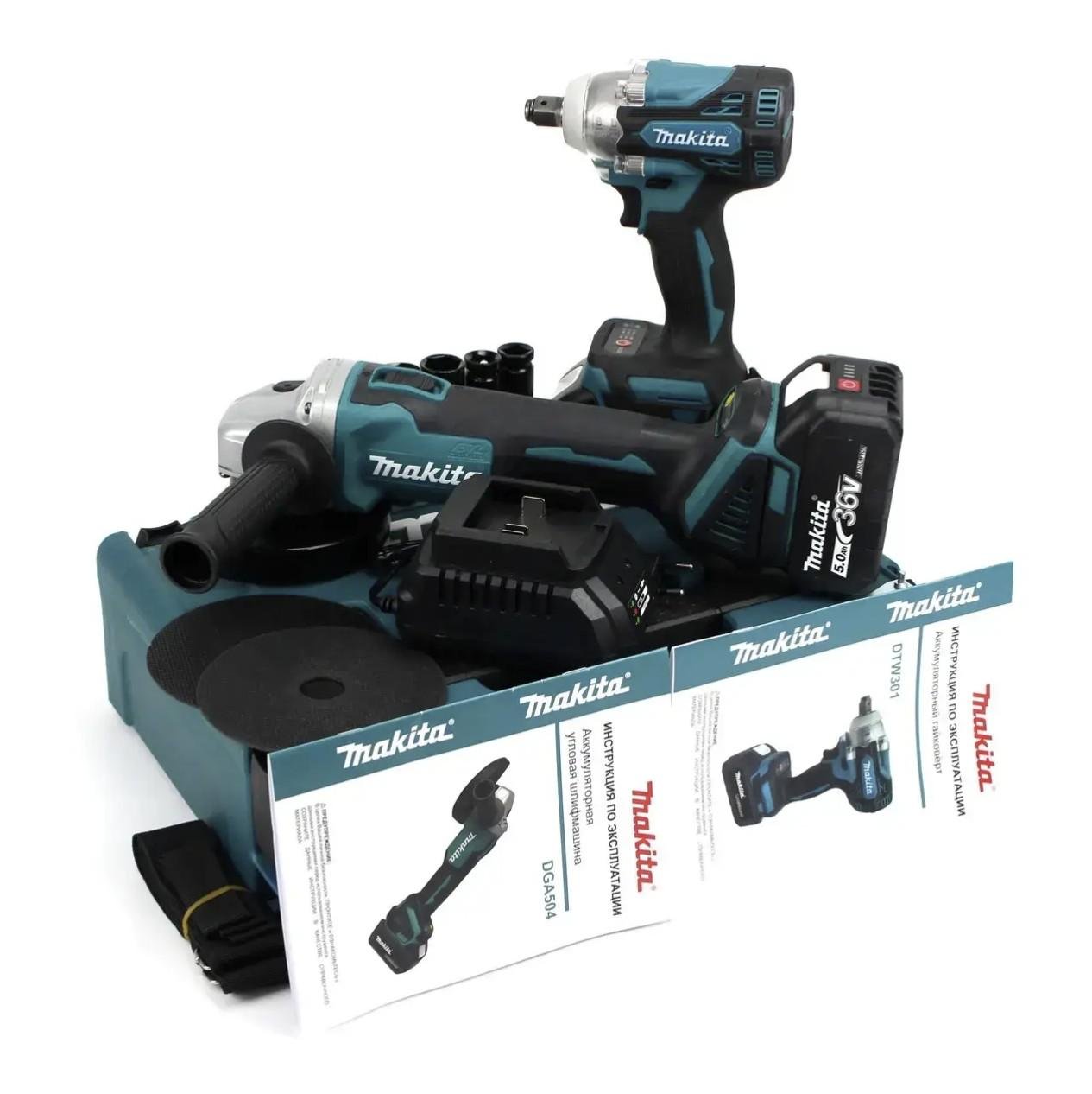 Набор инструментов Makita 36V Гайковерт DTW301/Болгарка DGA504 2в1 с аккумулятором Черный - фото 4 Набор инструментов Makita 36V Гайковерт DTW301/Болгарка DGA504 2в1 с аккумулятором Черный - фото 4