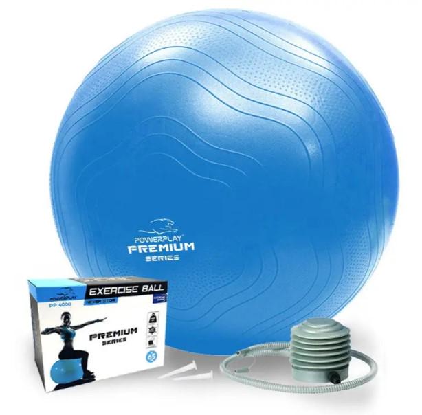 Фітбол для фітнесаукріплений PowerPlay 4000 Premium Gymball Anti-Burst із насосом Ø 65 см Синій (PP_4000_65cm_Blue)