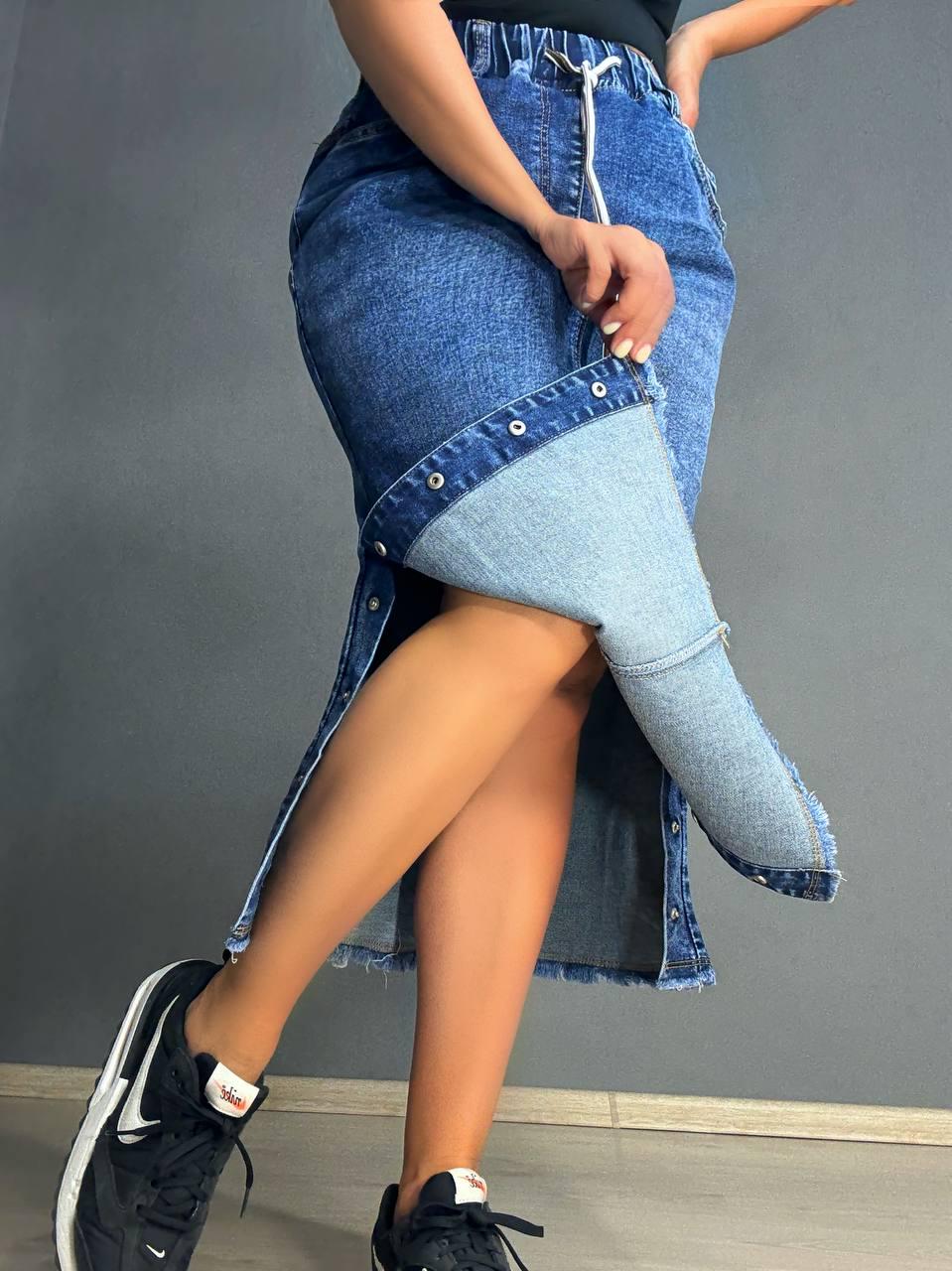 Спідниця жіноча джинсова ZJY 8039 талія на резинці з боковими розрізами р. З2 87 см 107 см Синій - фото 3 Спідниця жіноча джинсова ZJY 8039 талія на резинці з боковими розрізами р. З2 87 см 107 см Синій - фото 3