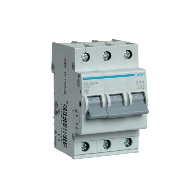 Автоматический выключатель Hager 3P 20A C 6 kA MC320A 3M